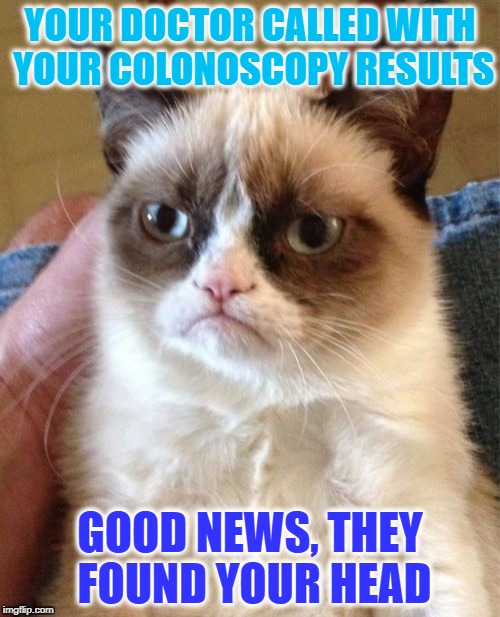 Grumpy Cat | YOUR DOCTOR CALLED WITH YOUR COLONOSCOPY RESULTS; GOOD NEWS, THEY FOUND YOUR HEAD | image tagged in memes,grumpy cat | made w/ Imgflip meme maker