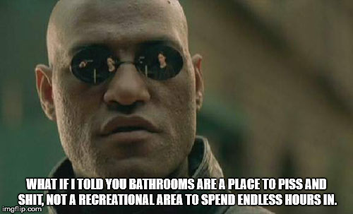 Bathrooms are a place to have a bowel movement. | WHAT IF I TOLD YOU BATHROOMS ARE A PLACE TO PISS AND SHIT, NOT A RECREATIONAL AREA TO SPEND ENDLESS HOURS IN. | image tagged in memes,matrix morpheus,bathroom,bowel movement | made w/ Imgflip meme maker