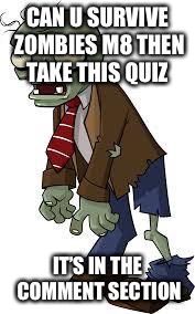 Zombie quiz in comment section  | CAN U SURVIVE ZOMBIES M8 THEN TAKE THIS QUIZ; IT’S IN THE COMMENT SECTION | image tagged in pvz zombie,quiz,yolo,weed | made w/ Imgflip meme maker