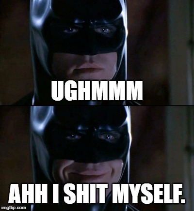 Batman Smiles Meme | UGHMMM; AHH I SHIT MYSELF. | image tagged in memes,batman smiles | made w/ Imgflip meme maker
