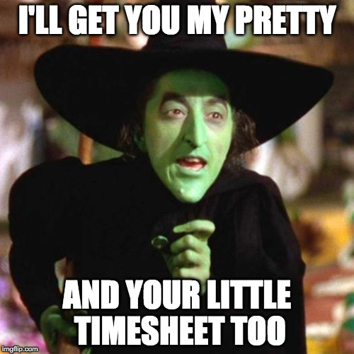 wicked witch timesheet | I'LL GET YOU MY PRETTY; AND YOUR LITTLE TIMESHEET TOO | image tagged in wicked witch timesheet | made w/ Imgflip meme maker