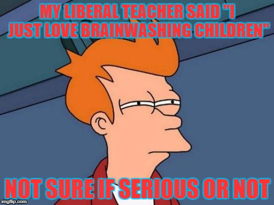 Futurama Fry | MY LIBERAL TEACHER SAID "I JUST LOVE BRAINWASHING CHILDREN"; NOT SURE IF SERIOUS OR NOT | image tagged in memes,futurama fry | made w/ Imgflip meme maker