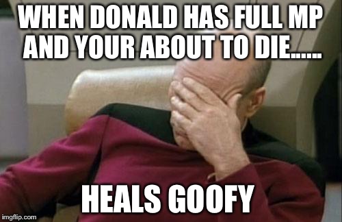Why Donald!? | WHEN DONALD HAS FULL MP AND YOUR ABOUT TO DIE...... HEALS GOOFY | image tagged in captain picard facepalm,kingdom hearts | made w/ Imgflip meme maker