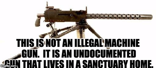 Browning machine gun | THIS IS NOT AN ILLEGAL MACHINE GUN.  IT IS AN UNDOCUMENTED GUN THAT LIVES IN A SANCTUARY HOME. | image tagged in browning machine gun | made w/ Imgflip meme maker