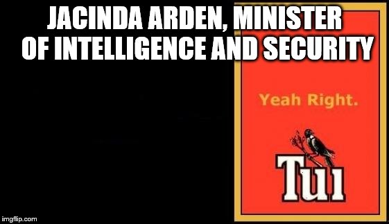 Tui |  JACINDA ARDEN, MINISTER OF INTELLIGENCE AND SECURITY | image tagged in tui | made w/ Imgflip meme maker