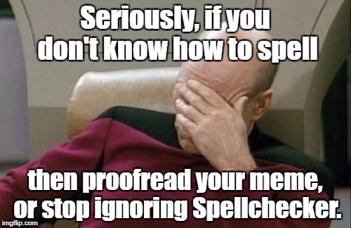 You know who you are! | Seriously, if you don't know how to spell then proofread your meme, or stop ignoring Spellchecker. | image tagged in memes,captain picard facepalm,bad grammar and spelling memes | made w/ Imgflip meme maker