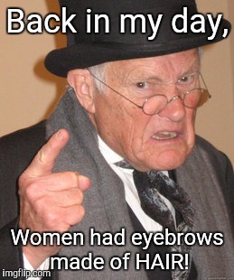 Back In My Day | Back in my day, Women had eyebrows made of HAIR! | image tagged in memes,back in my day | made w/ Imgflip meme maker