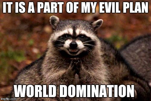 Evil Plotting Raccoon | IT IS A PART OF MY EVIL PLAN; WORLD DOMINATION | image tagged in memes,evil plotting raccoon | made w/ Imgflip meme maker