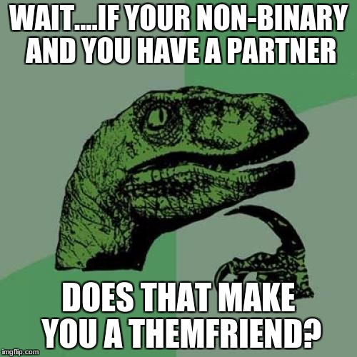 Themfriend | WAIT....IF YOUR NON-BINARY AND YOU HAVE A PARTNER; DOES THAT MAKE YOU A THEMFRIEND? | image tagged in memes,philosoraptor,gay pride,transgender,did you just assume my gender,seriously wtf | made w/ Imgflip meme maker