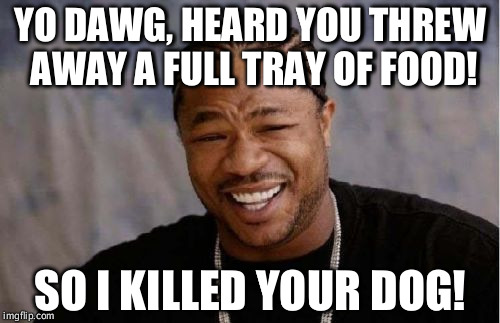 Yo Dawg Heard You Meme | YO DAWG, HEARD YOU THREW AWAY A FULL TRAY OF FOOD! SO I KILLED YOUR DOG! | image tagged in memes,yo dawg heard you | made w/ Imgflip meme maker