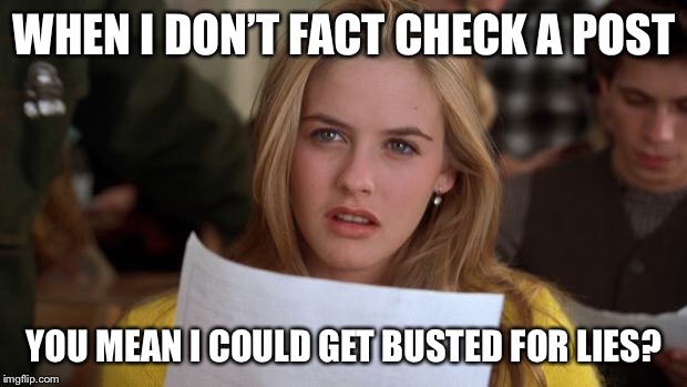 Clueless | WHEN I DON’T FACT CHECK A POST; YOU MEAN I COULD GET BUSTED FOR LIES? | image tagged in clueless | made w/ Imgflip meme maker