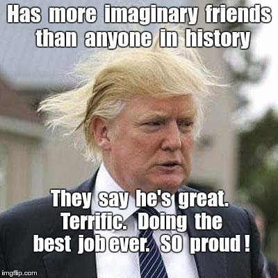 Most Imaginary Friends in History | Has  more  imaginary  friends  than  anyone  in  history; They  say  he's  great.  Terrific.   Doing  the  best  job ever.   SO  proud ! | image tagged in donald trump,memes,imaginary friends | made w/ Imgflip meme maker