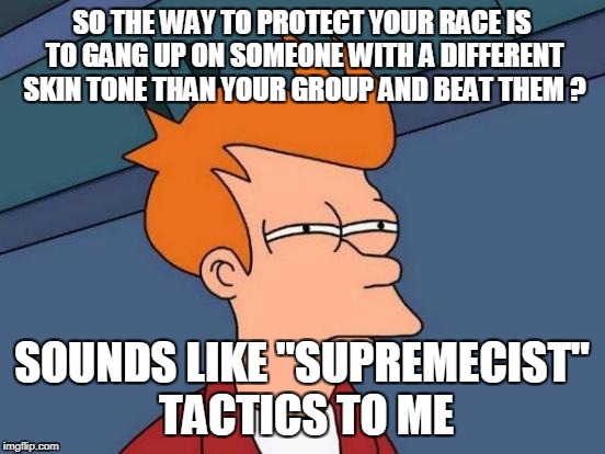 Futurama Fry Meme | SO THE WAY TO PROTECT YOUR RACE IS TO GANG UP ON SOMEONE WITH A DIFFERENT SKIN TONE THAN YOUR GROUP AND BEAT THEM ? SOUNDS LIKE "SUPREMECIST | image tagged in memes,futurama fry | made w/ Imgflip meme maker