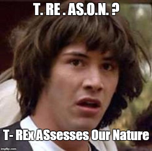 Conspiracy Keanu Meme | T. RE . AS.O.N. ? T- REx ASsesses Our Nature | image tagged in memes,conspiracy keanu | made w/ Imgflip meme maker