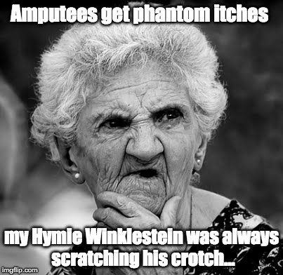 Wondering Old Lady | Amputees get phantom itches; my Hymie Winklestein was always scratching his crotch... | image tagged in wondering old lady | made w/ Imgflip meme maker