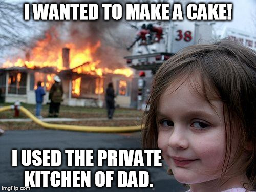 private kitchen | I WANTED TO MAKE A CAKE! I USED THE PRIVATE KITCHEN OF DAD. | image tagged in memes,disaster girl,kitchen,cake,dad | made w/ Imgflip meme maker