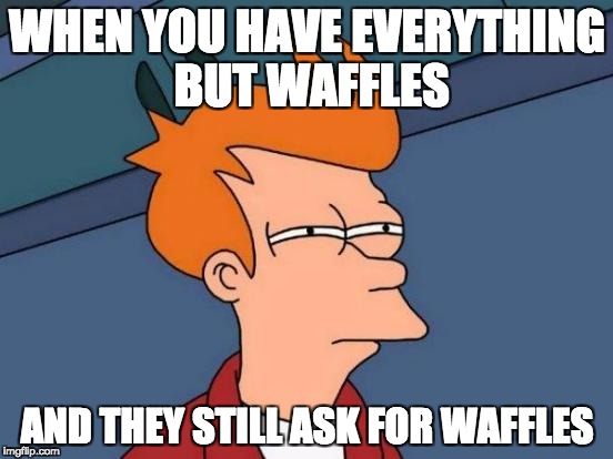 Futurama Fry | WHEN YOU HAVE EVERYTHING BUT WAFFLES; AND THEY STILL ASK FOR WAFFLES | image tagged in memes,futurama fry | made w/ Imgflip meme maker