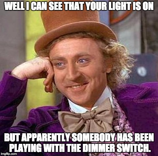 Creepy Condescending Wonka Meme | WELL I CAN SEE THAT YOUR LIGHT IS ON; BUT APPARENTLY SOMEBODY HAS BEEN PLAYING WITH THE DIMMER SWITCH. | image tagged in memes,creepy condescending wonka | made w/ Imgflip meme maker