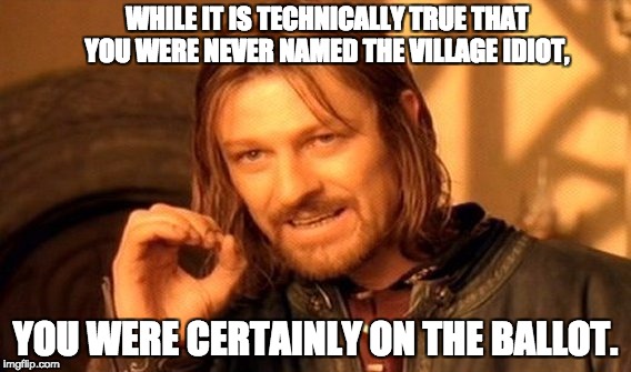 One Does Not Simply Meme | WHILE IT IS TECHNICALLY TRUE THAT YOU WERE NEVER NAMED THE VILLAGE IDIOT, YOU WERE CERTAINLY ON THE BALLOT. | image tagged in memes,one does not simply | made w/ Imgflip meme maker