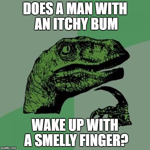 Philosoraptor Meme | DOES A MAN WITH AN ITCHY BUM; WAKE UP WITH A SMELLY FINGER? | image tagged in memes,philosoraptor | made w/ Imgflip meme maker