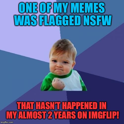 Success Kid | ONE OF MY MEMES WAS FLAGGED NSFW; THAT HASN’T HAPPENED IN MY ALMOST 2 YEARS ON IMGFLIP! | image tagged in memes,success kid | made w/ Imgflip meme maker