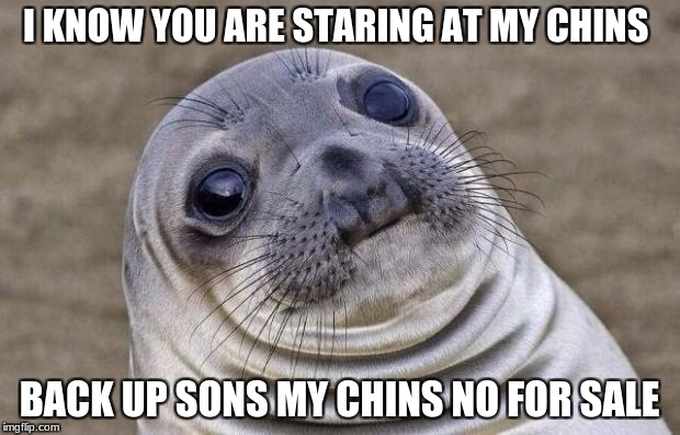 Awkward Moment Sealion | I KNOW YOU ARE STARING AT MY CHINS; BACK UP SONS MY CHINS NO FOR SALE | image tagged in memes,awkward moment sealion | made w/ Imgflip meme maker