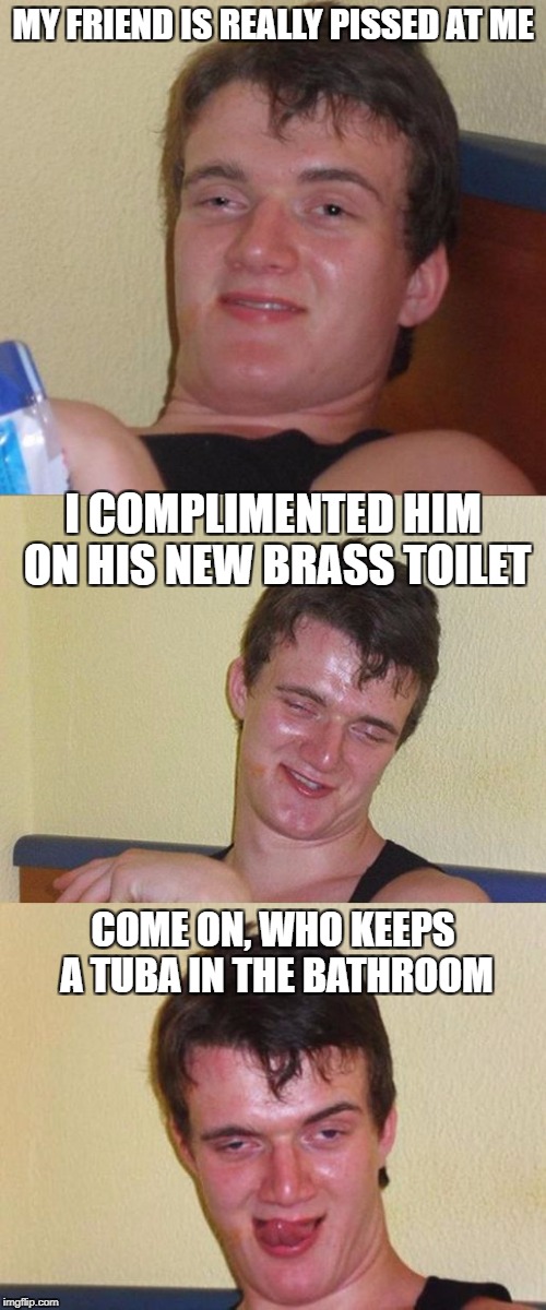 Bad Pun 10 Guy | MY FRIEND IS REALLY PISSED AT ME; I COMPLIMENTED HIM ON HIS NEW BRASS TOILET; COME ON, WHO KEEPS A TUBA IN THE BATHROOM | image tagged in bad pun 10 guy | made w/ Imgflip meme maker