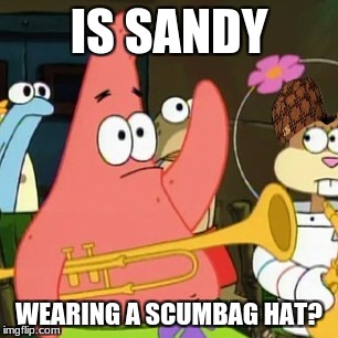 No Patrick Meme | IS SANDY; WEARING A SCUMBAG HAT? | image tagged in memes,no patrick,scumbag | made w/ Imgflip meme maker