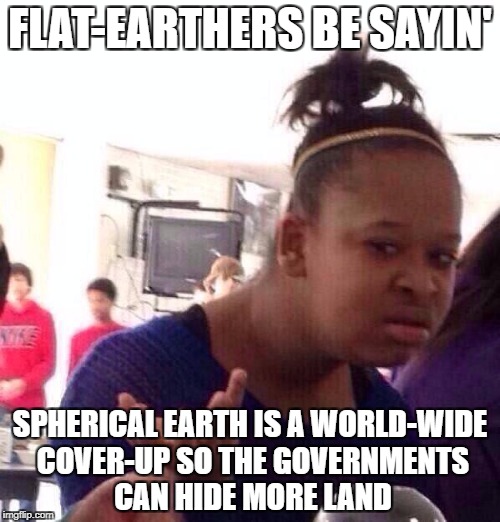 Why would they need to do that in the first place...? | FLAT-EARTHERS BE SAYIN'; SPHERICAL EARTH IS A WORLD-WIDE COVER-UP SO THE GOVERNMENTS CAN HIDE MORE LAND | image tagged in memes,black girl wat,flat earth,earth | made w/ Imgflip meme maker