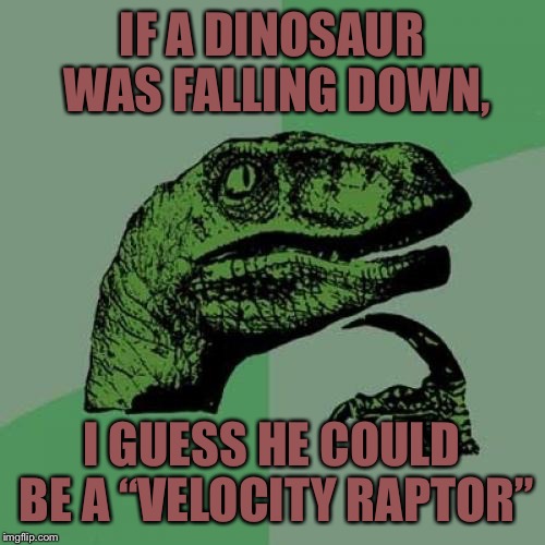 Philosoraptor Meme | IF A DINOSAUR WAS FALLING DOWN, I GUESS HE COULD BE A “VELOCITY RAPTOR” | image tagged in memes,philosoraptor | made w/ Imgflip meme maker
