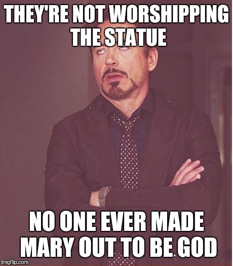 Face You Make Robert Downey Jr Meme | THEY'RE NOT WORSHIPPING THE STATUE NO ONE EVER MADE MARY OUT TO BE GOD | image tagged in memes,face you make robert downey jr | made w/ Imgflip meme maker