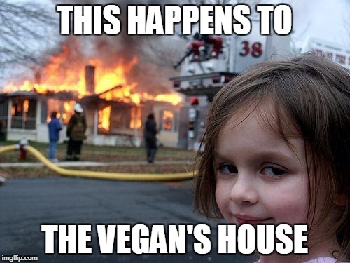 Disaster Girl Meme | THIS HAPPENS TO THE VEGAN'S HOUSE | image tagged in memes,disaster girl | made w/ Imgflip meme maker