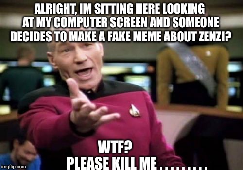 Picard hates the fake meme zenzi. | ALRIGHT, IM SITTING HERE LOOKING AT MY COMPUTER SCREEN AND SOMEONE DECIDES TO MAKE A FAKE MEME ABOUT ZENZI? WTF?                           PLEASE KILL ME . . . . . . . . . | image tagged in memes,picard wtf | made w/ Imgflip meme maker