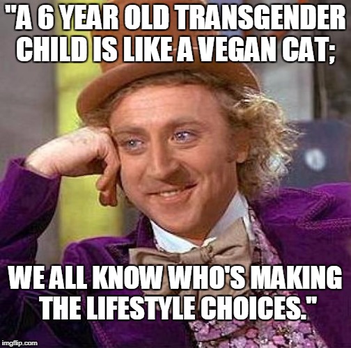 Furious mother of a six-year-old transgender girl has condemned school teachers... | "A 6 YEAR OLD TRANSGENDER CHILD IS LIKE A VEGAN CAT;; WE ALL KNOW WHO'S MAKING THE LIFESTYLE CHOICES." | image tagged in memes,creepy condescending wonka,transgender | made w/ Imgflip meme maker