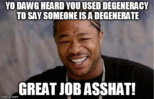 Because this is solid logic? | YO DAWG HEARD YOU USED DEGENERACY TO SAY SOMEONE IS A DEGENERATE; GREAT JOB ASSHAT! | image tagged in memes,yo dawg heard you | made w/ Imgflip meme maker
