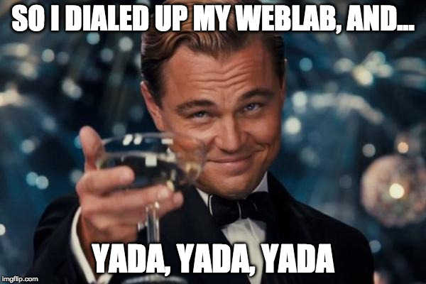 Leonardo Dicaprio Cheers Meme | SO I DIALED UP MY WEBLAB, AND... YADA, YADA, YADA | image tagged in memes,leonardo dicaprio cheers | made w/ Imgflip meme maker
