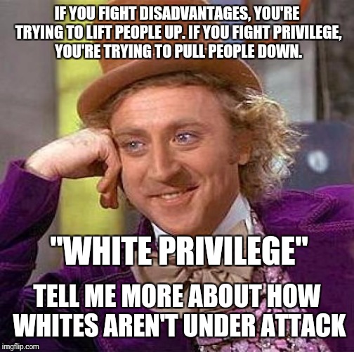 Inequality is an issue, but preferred terminology says a lot about how you plan to fix it | IF YOU FIGHT DISADVANTAGES, YOU'RE TRYING TO LIFT PEOPLE UP. IF YOU FIGHT PRIVILEGE, YOU'RE TRYING TO PULL PEOPLE DOWN. "WHITE PRIVILEGE"; TELL ME MORE ABOUT HOW WHITES AREN'T UNDER ATTACK | image tagged in memes,creepy condescending wonka | made w/ Imgflip meme maker