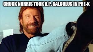 "Another" Chuck Norris meme.  | CHUCK NORRIS TOOK A.P. CALCULUS IN PRE-K | image tagged in chuck norris picture,chcuknorrisisanerd,memes | made w/ Imgflip meme maker