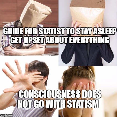Anonymous trump voters | GUIDE FOR STATIST TO STAY ASLEEP GET UPSET ABOUT EVERYTHING; CONSCIOUSNESS DOES NOT GO WITH STATISM | image tagged in anonymous trump voters | made w/ Imgflip meme maker