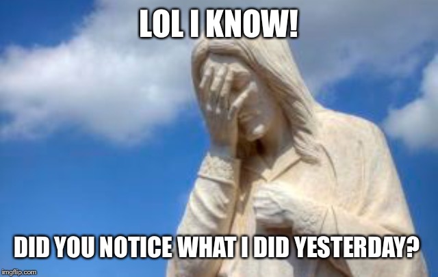 Statue face palm 2 | LOL I KNOW! DID YOU NOTICE WHAT I DID YESTERDAY? | image tagged in statue face palm 2 | made w/ Imgflip meme maker