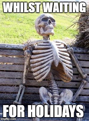Waiting Skeleton | WHILST WAITING; FOR HOLIDAYS | image tagged in memes,waiting skeleton | made w/ Imgflip meme maker
