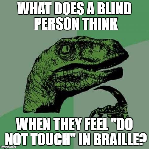 An Interesting Thought | WHAT DOES A BLIND PERSON THINK; WHEN THEY FEEL "DO NOT TOUCH" IN BRAILLE? | image tagged in memes,philosoraptor,braille | made w/ Imgflip meme maker