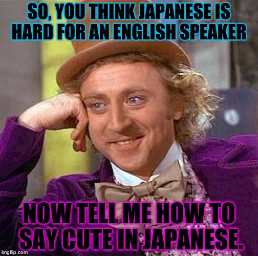 C'mon people, it's not that hard! | SO, YOU THINK JAPANESE IS HARD FOR AN ENGLISH SPEAKER; NOW TELL ME HOW TO SAY CUTE IN JAPANESE. | image tagged in memes,creepy condescending wonka,japan,japanese,seriously,wtf | made w/ Imgflip meme maker