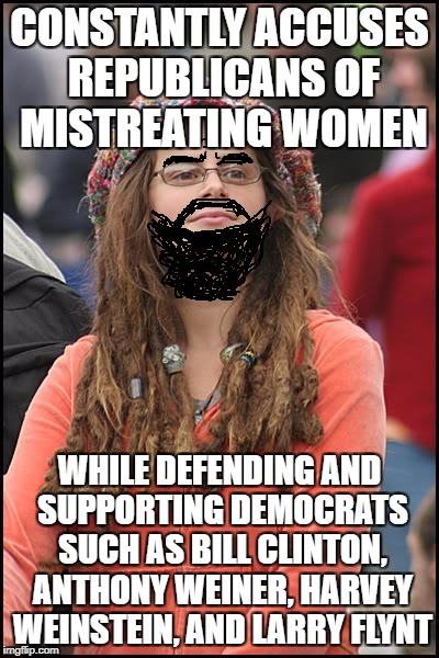 College Liberal Meme | CONSTANTLY ACCUSES REPUBLICANS OF MISTREATING WOMEN; WHILE DEFENDING AND SUPPORTING DEMOCRATS SUCH AS BILL CLINTON, ANTHONY WEINER, HARVEY WEINSTEIN, AND LARRY FLYNT | image tagged in memes,college liberal,liberal logic,liberal hypocrisy | made w/ Imgflip meme maker
