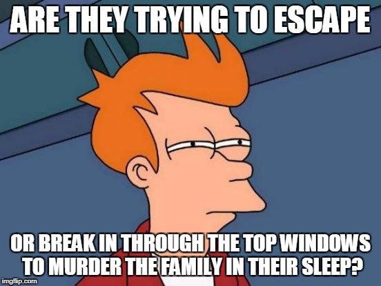 Futurama Fry Meme | ARE THEY TRYING TO ESCAPE OR BREAK IN THROUGH THE TOP WINDOWS TO MURDER THE FAMILY IN THEIR SLEEP? | image tagged in memes,futurama fry | made w/ Imgflip meme maker