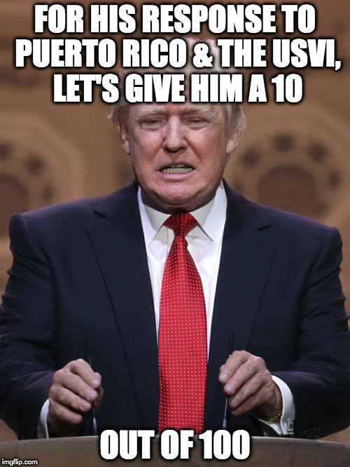 Donald Trump | FOR HIS RESPONSE TO PUERTO RICO & THE USVI, LET'S GIVE HIM A 10; OUT OF 100 | image tagged in donald trump | made w/ Imgflip meme maker