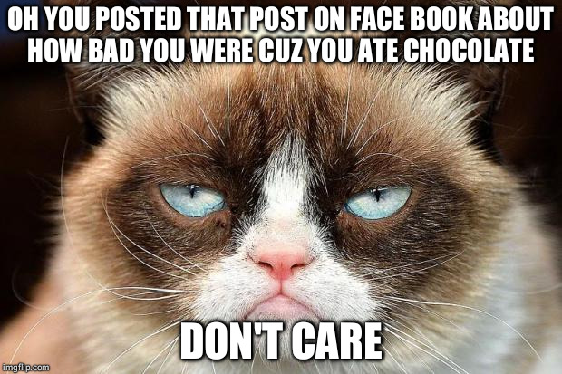 Grumpy Cat Not Amused | OH YOU POSTED THAT POST ON FACE BOOK ABOUT HOW BAD YOU WERE CUZ YOU ATE CHOCOLATE; DON'T CARE | image tagged in memes,grumpy cat not amused,grumpy cat | made w/ Imgflip meme maker