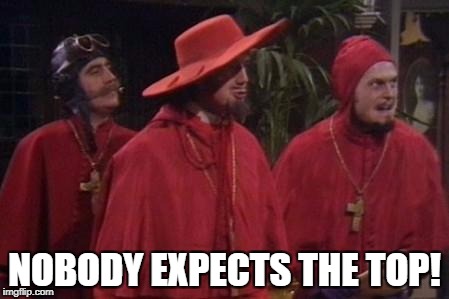 Nobody Expects the Spanish Inquisition Monty Python | NOBODY EXPECTS THE TOP! | image tagged in nobody expects the spanish inquisition monty python | made w/ Imgflip meme maker