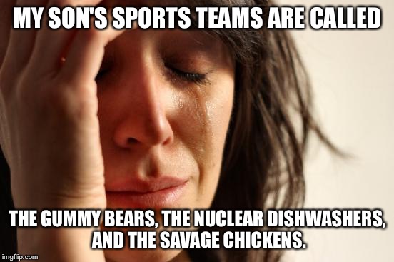 First World Problems | MY SON'S SPORTS TEAMS ARE CALLED; THE GUMMY BEARS, THE NUCLEAR DISHWASHERS, AND THE SAVAGE CHICKENS. | image tagged in memes,first world problems | made w/ Imgflip meme maker