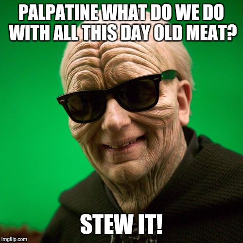 Emporer Palpatine Sunglasses | PALPATINE WHAT DO WE DO WITH ALL THIS DAY OLD MEAT? STEW IT! | image tagged in emporer palpatine sunglasses | made w/ Imgflip meme maker